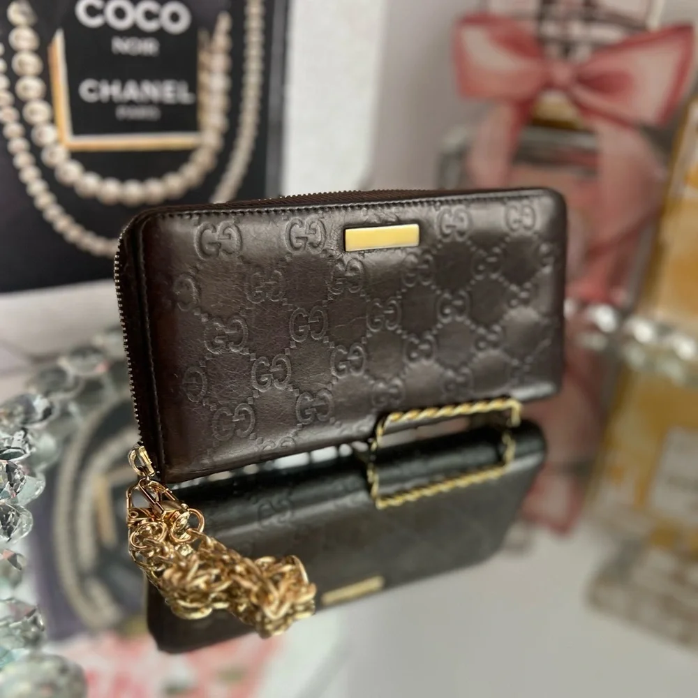 Gucci Brown Guccissima Leather Zip Around Wallet with unbranded chain
